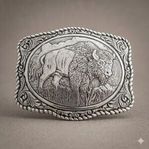 Crumrine Unisex OS Western Cowboy Primitive Engraved Buffalo Metal Belt Buckle